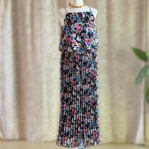 NWT Sam Edelman Bouquet Black Multi Floral Pleated‎ Plissé Midi Dress Size 12
